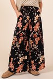 Floral Mid Rise Wide Leg Pants | Black