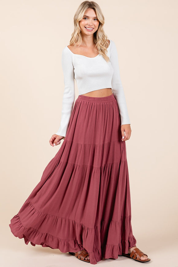 Tiered Flowy Smocked Maxi Skirt | Marsala