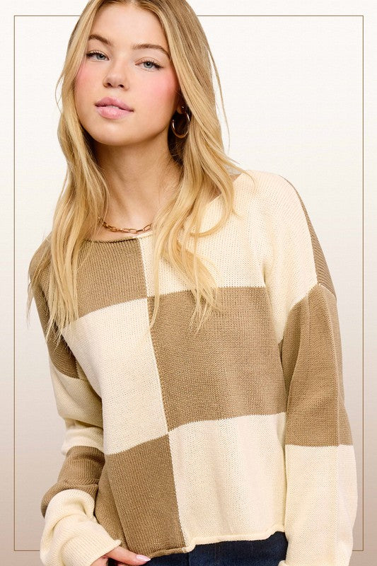 Checkered Crop Sweater | Mocha