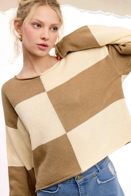 Checker Crop Sweater Top | Beige