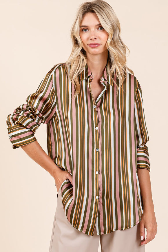 Striped Silky Button Top | Mauve+Olive