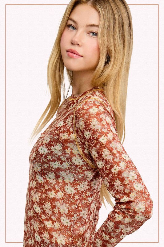 Semi Sheer Mesh Floral Layering Top | Cinnamon