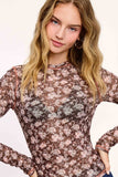 Semi Sheer Mesh Floral Layering Top | Brown