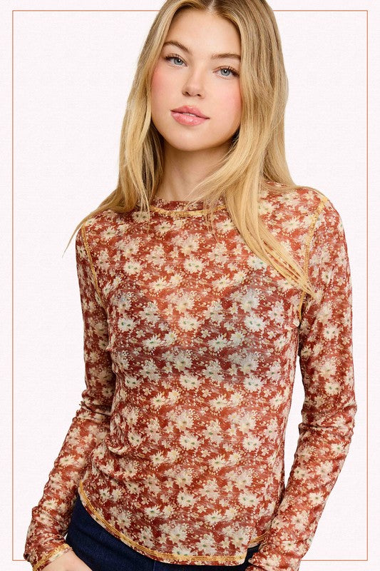 Semi Sheer Mesh Floral Layering Top | Cinnamon