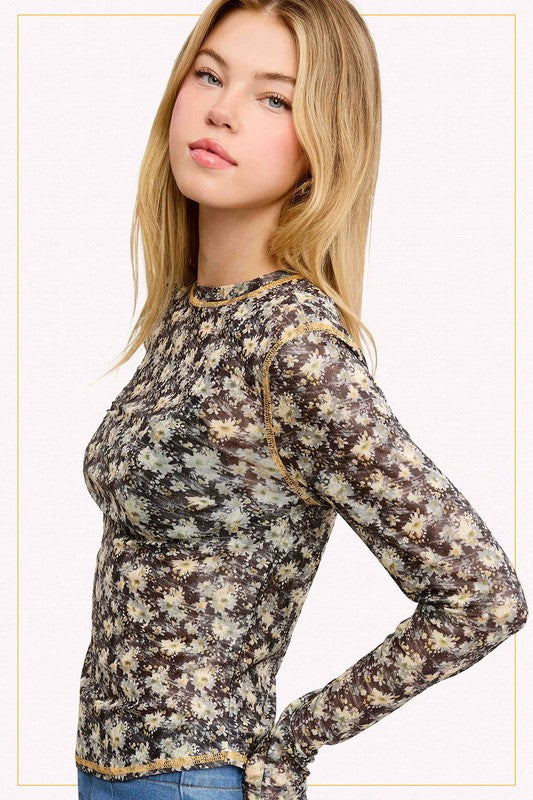 Semi Sheer Mesh Floral Layering Top | Black