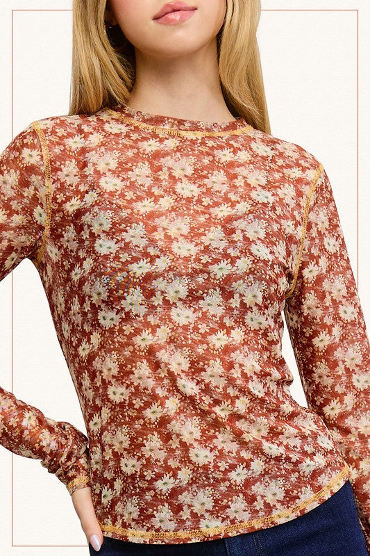 Semi Sheer Mesh Floral Layering Top | Cinnamon
