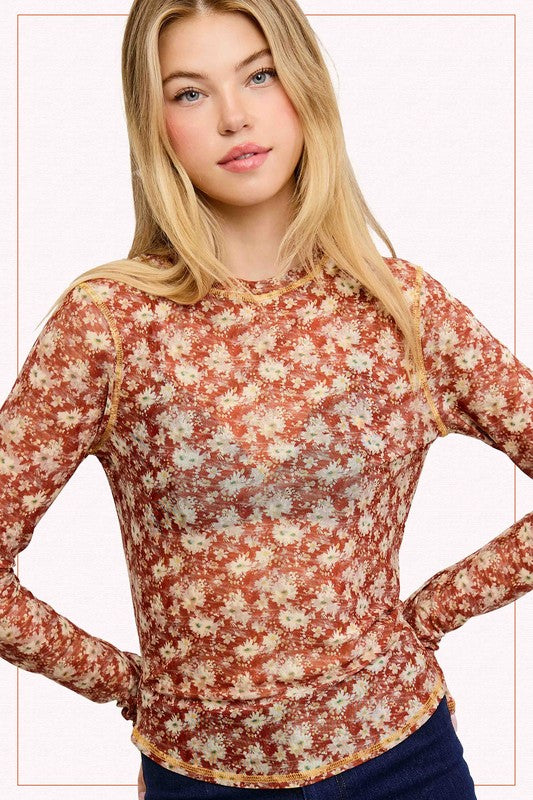 Semi Sheer Mesh Floral Layering Top | Cinnamon