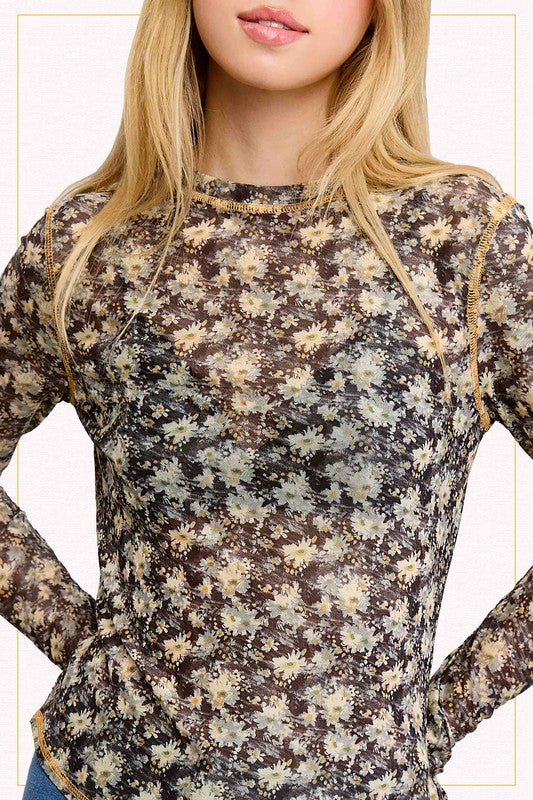Semi Sheer Mesh Floral Layering Top | Black