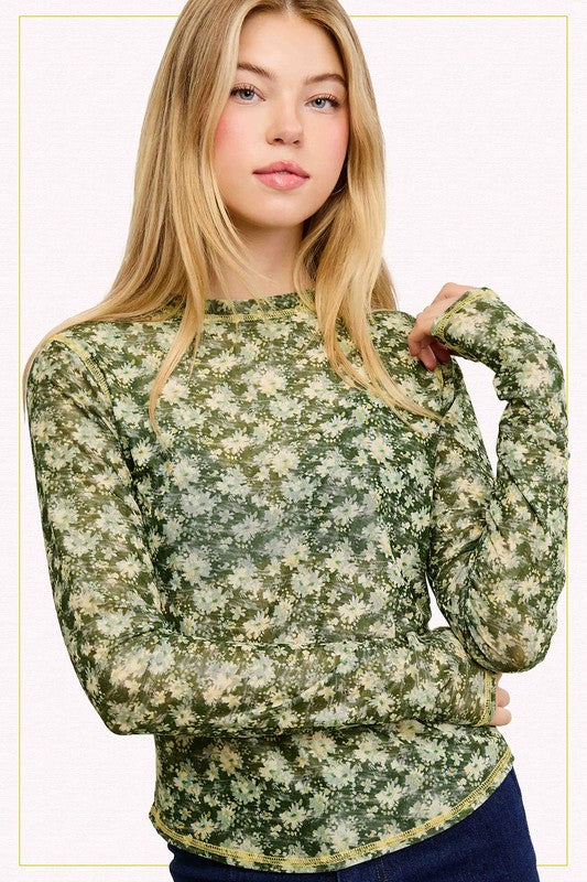 Semi Sheer Mesh Floral Layering Top | Forest