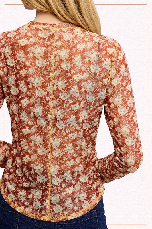 Semi Sheer Mesh Floral Layering Top | Cinnamon