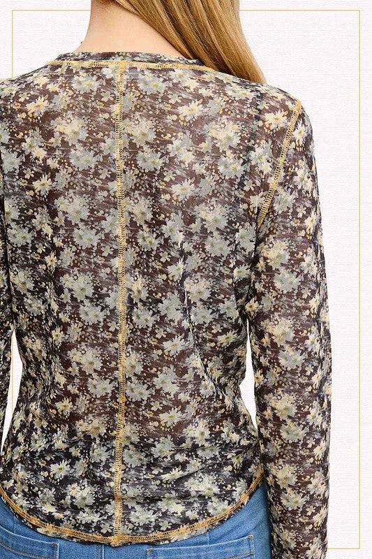 Semi Sheer Mesh Floral Layering Top | Black
