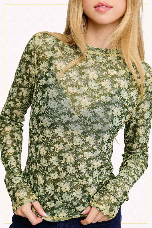 Semi Sheer Mesh Floral Layering Top | Forest