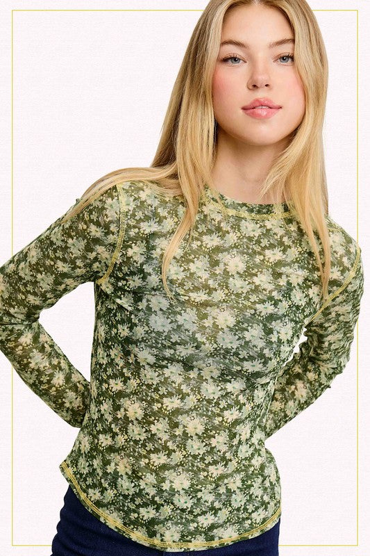 Semi Sheer Mesh Floral Layering Top | Forest