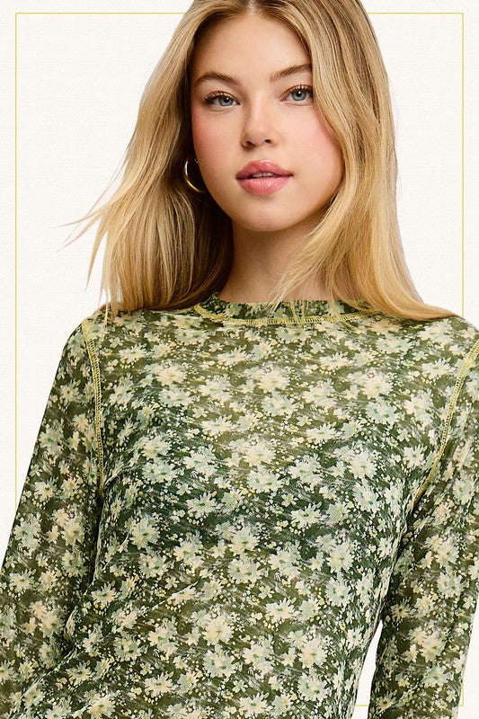 Semi Sheer Mesh Floral Layering Top | Forest