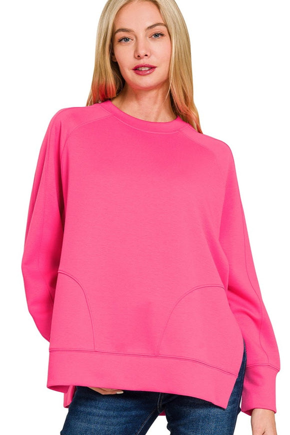 Side Slit Scuba Pullover Sweatshirt | Hot Pink