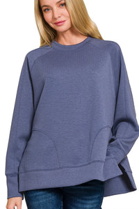 Side Slit Scuba Pullover Sweatshirt | Blue