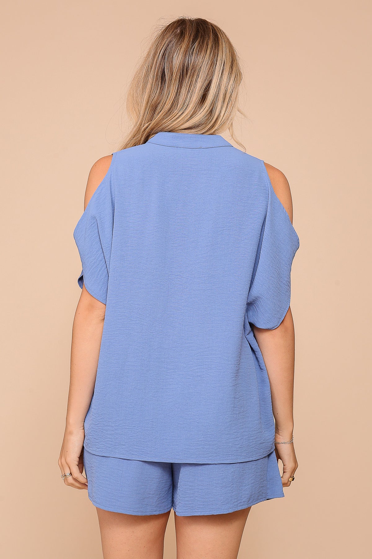 V-Neck Shoulder Cut Out Top | Blue