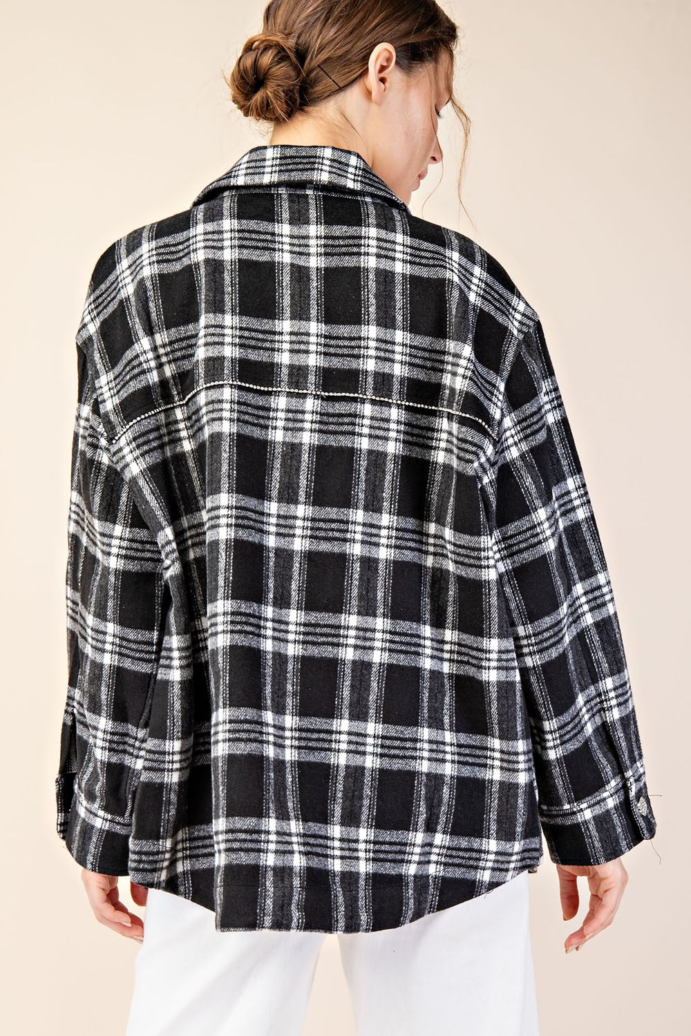 Rhinestone Trim Plaid Button Flannel Top | Black