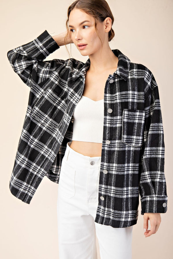 Rhinestone Trim Plaid Button Flannel Top | Black