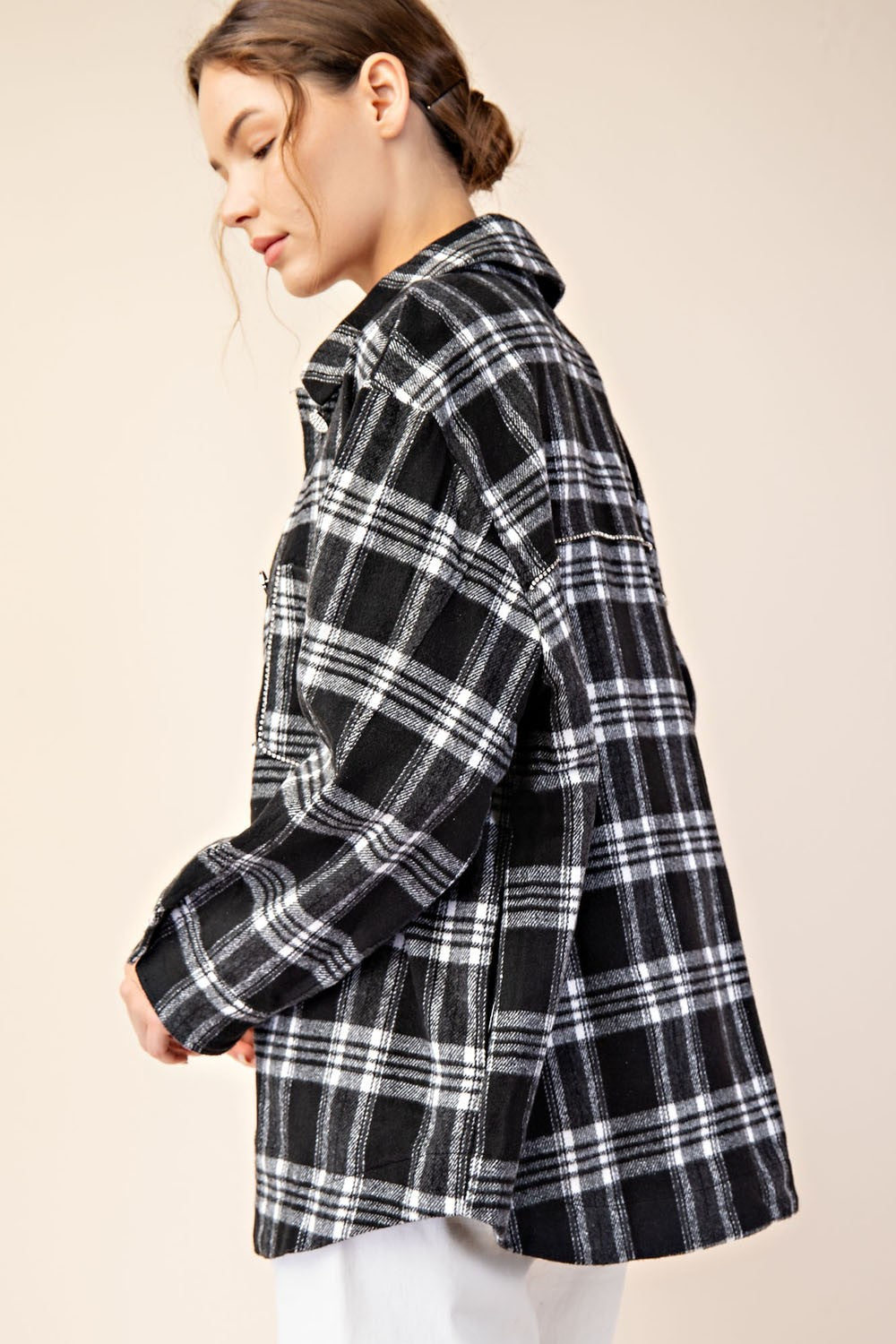 Rhinestone Trim Plaid Button Flannel Top | Black