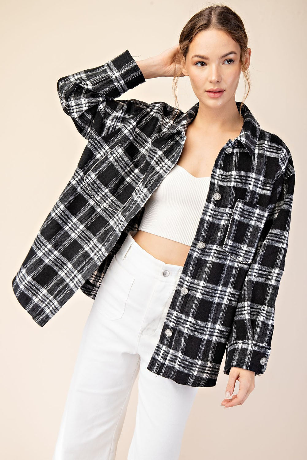 Rhinestone Trim Plaid Button Flannel Top | Black