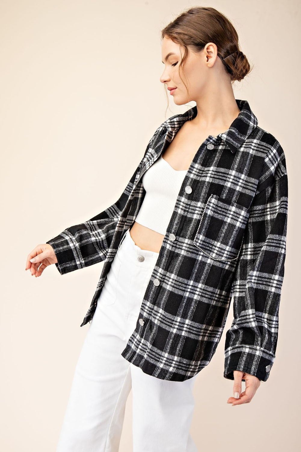 Rhinestone Trim Plaid Button Flannel Top | Black