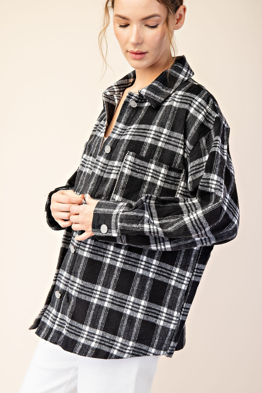 Rhinestone Trim Plaid Button Flannel Top | Black