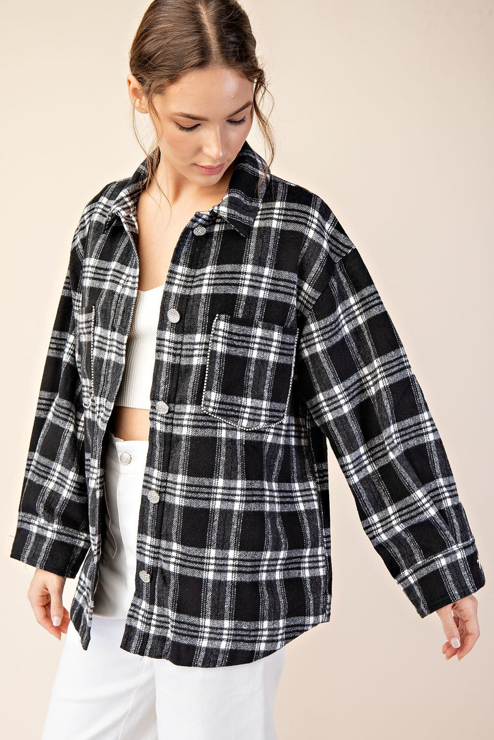 Rhinestone Trim Plaid Button Flannel Top | Black
