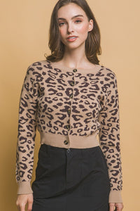 Leopard Cropped Cardigan | Khaki/Brown