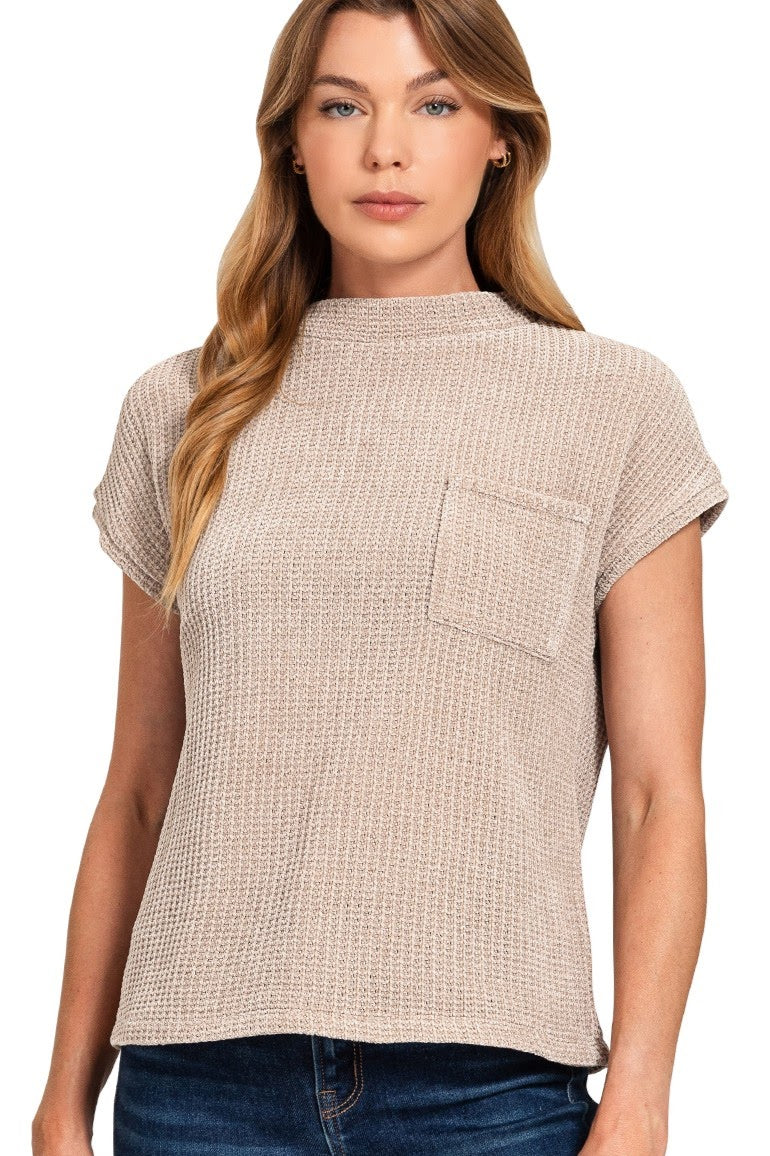 Chenille Waffle Knit Short Sleeve Sweater Top | Ash Mocha