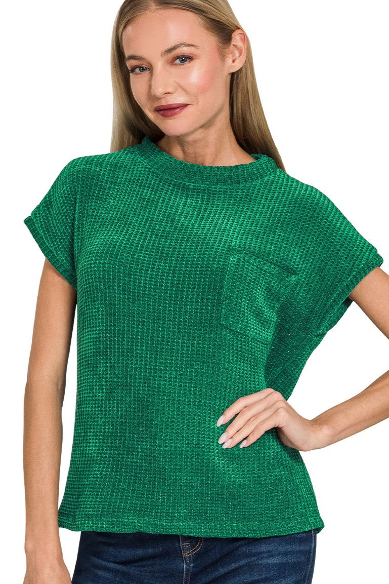 Chenille Waffle Knit Short Sleeve Sweater Top | Hunter Green