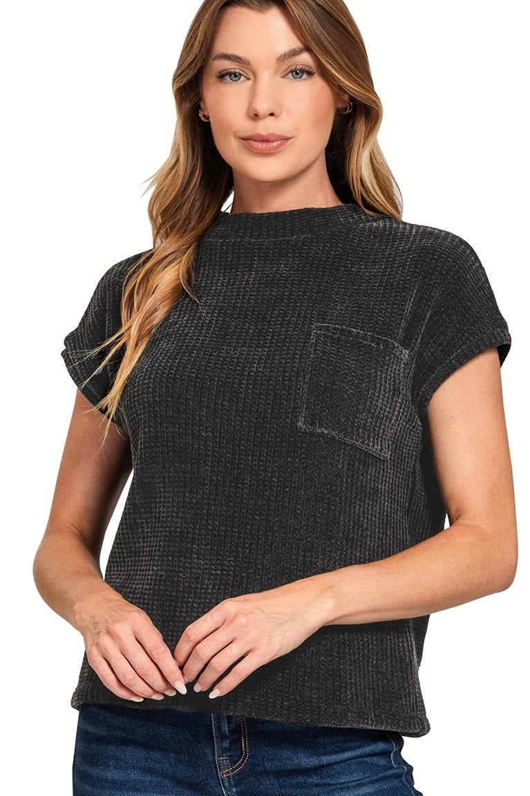Chenille Waffle Knit Short Sleeve Sweater Top | Black