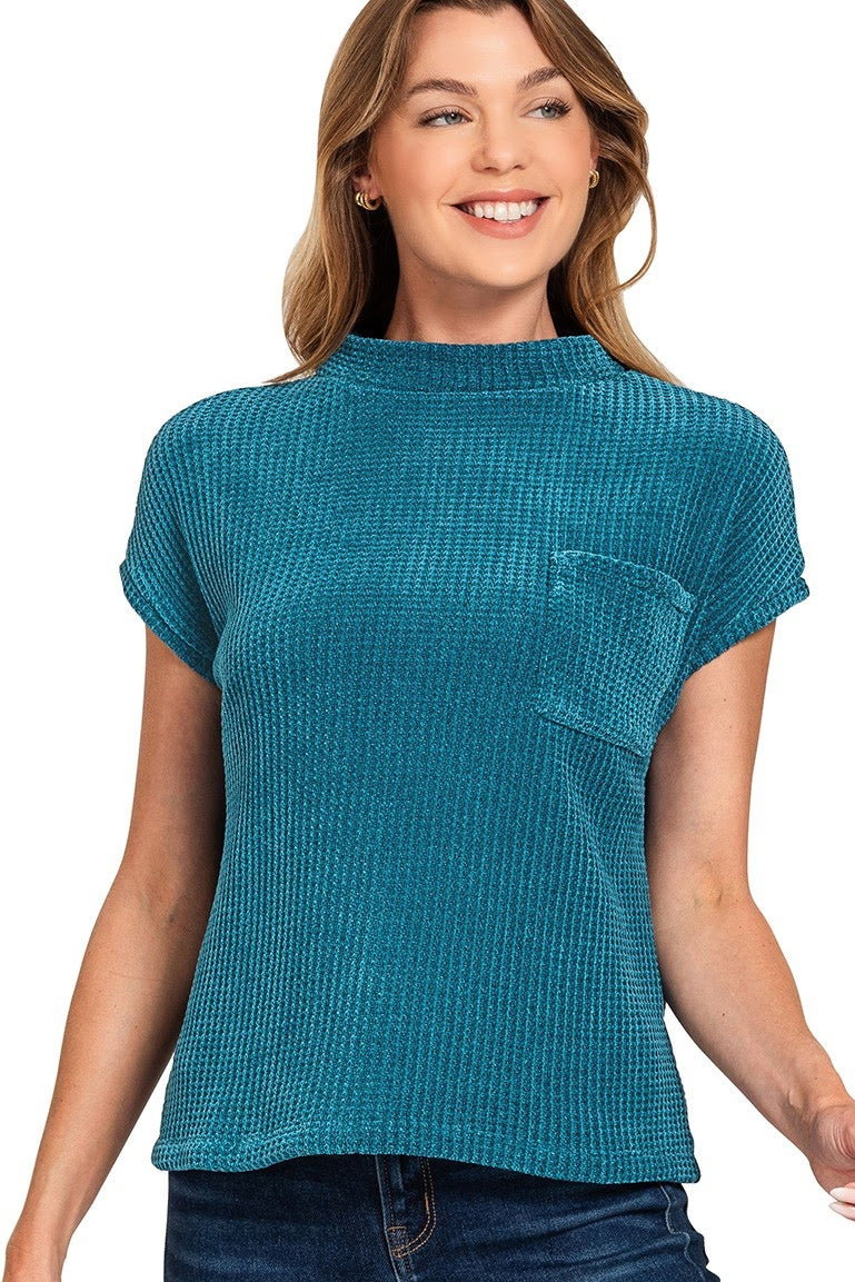 Chenille Waffle Knit Short Sleeve Sweater Top | Teal