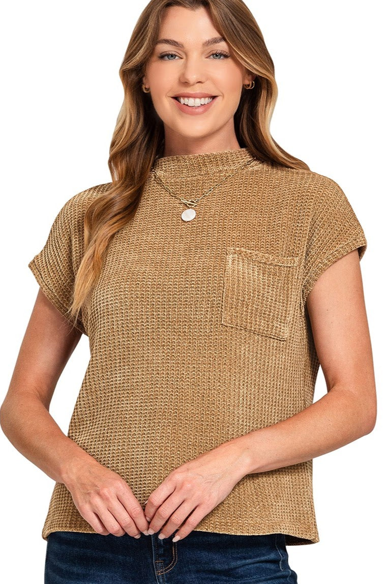 Chenille Waffle Knit Short Sleeve Sweater Top | Camel