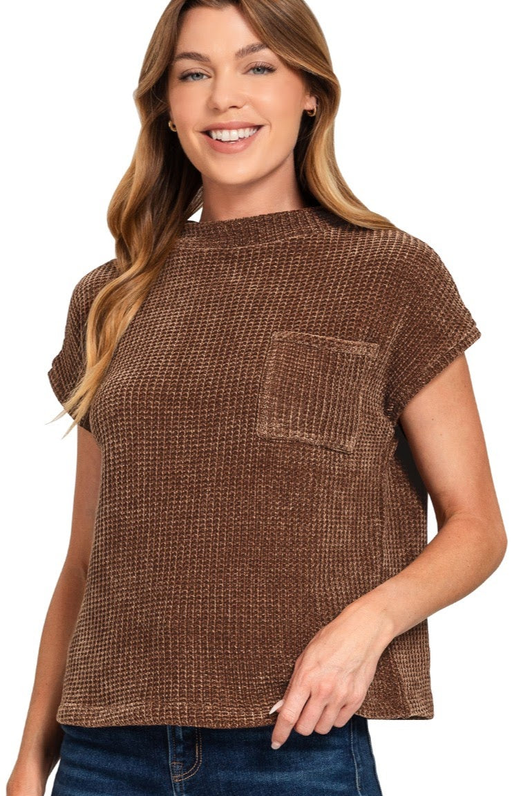 Chenille Waffle Knit Short Sleeve Sweater Top | Brown