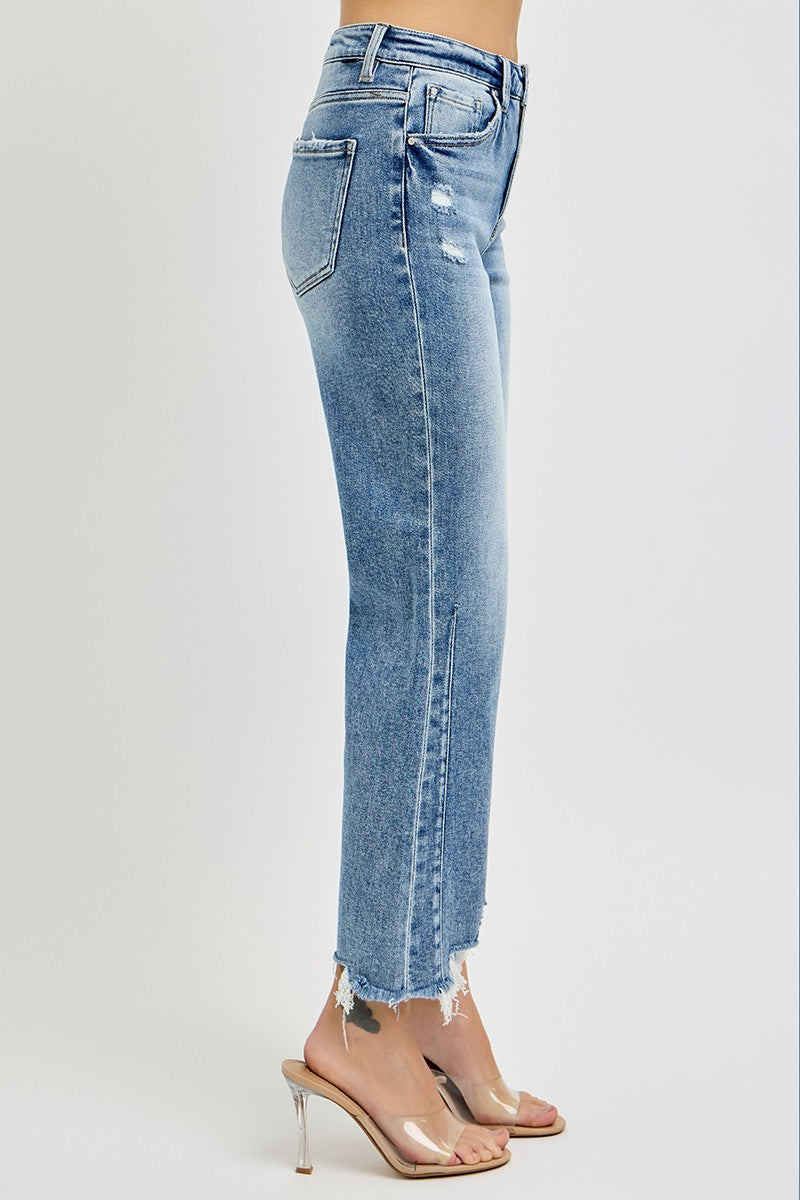 Risen Jeans | High Rise Crop Straight Distressed Hem