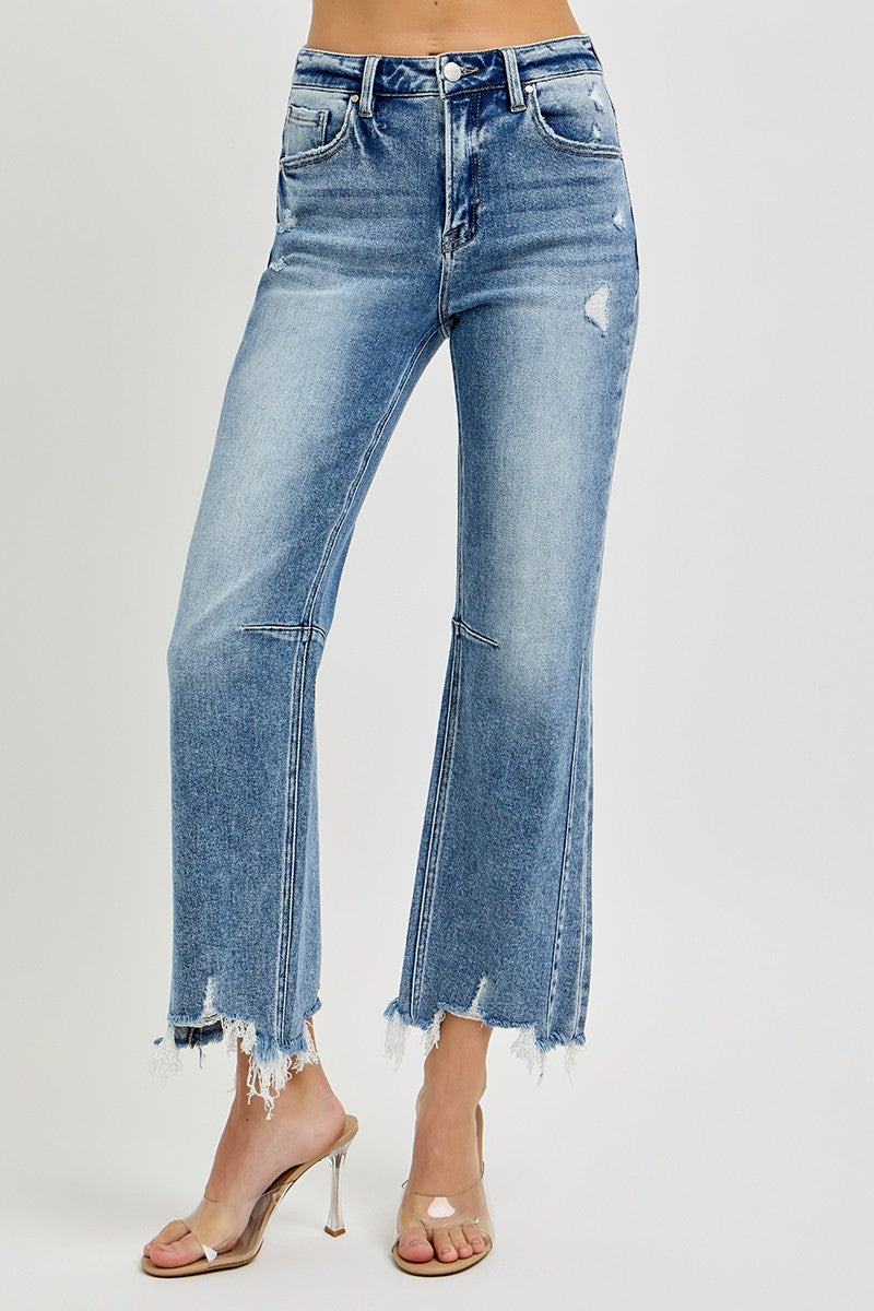 Risen Jeans | High Rise Crop Straight Distressed Hem