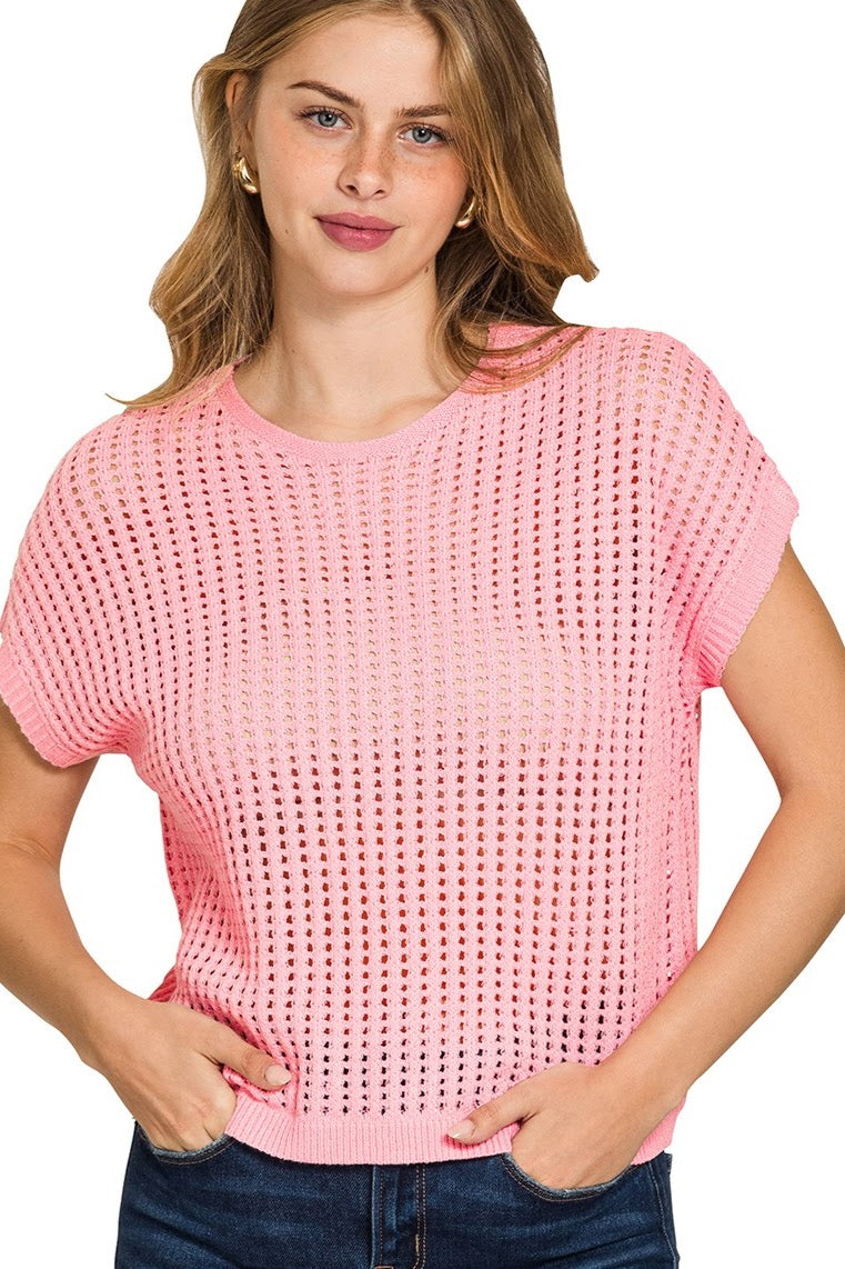 Crochet Knit Hollow Top | Pink
