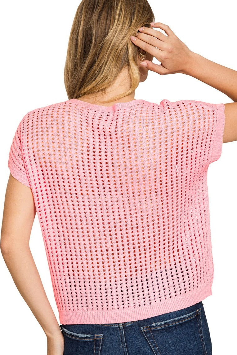 Crochet Knit Hollow Top | Pink