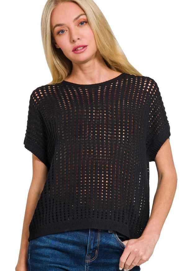 Crochet Knit Hollow Top | Black