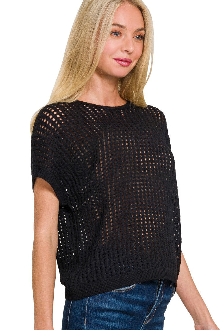 Crochet Knit Hollow Top | Black