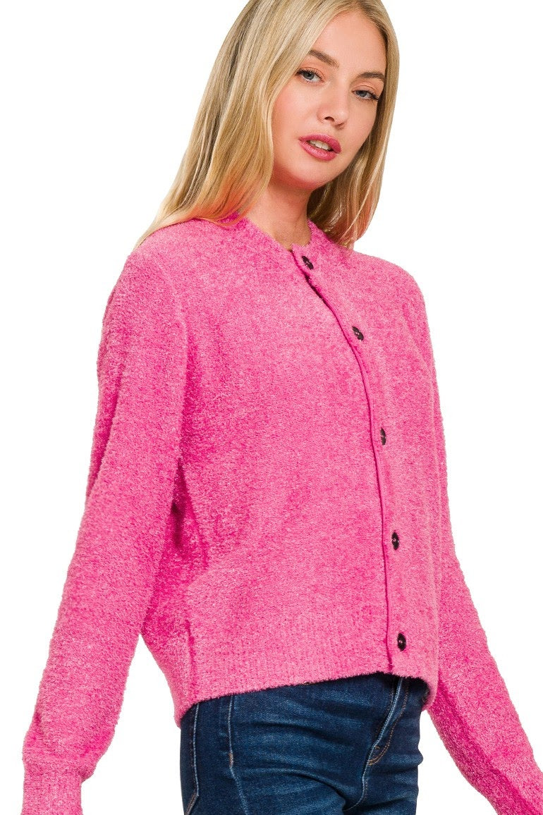 Fuzzy Button Cardigan | Fuchsia