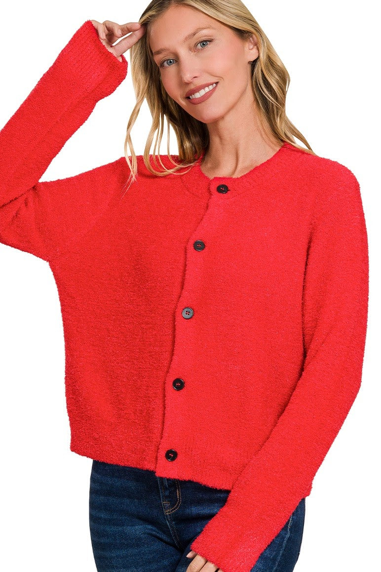 Fuzzy Button Cardigan | Red