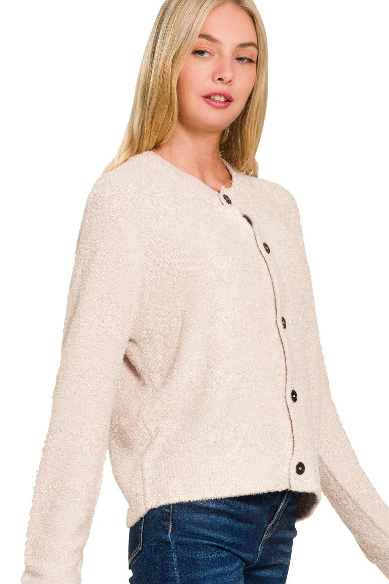 Fuzzy Button Cardigan | Sand Beige