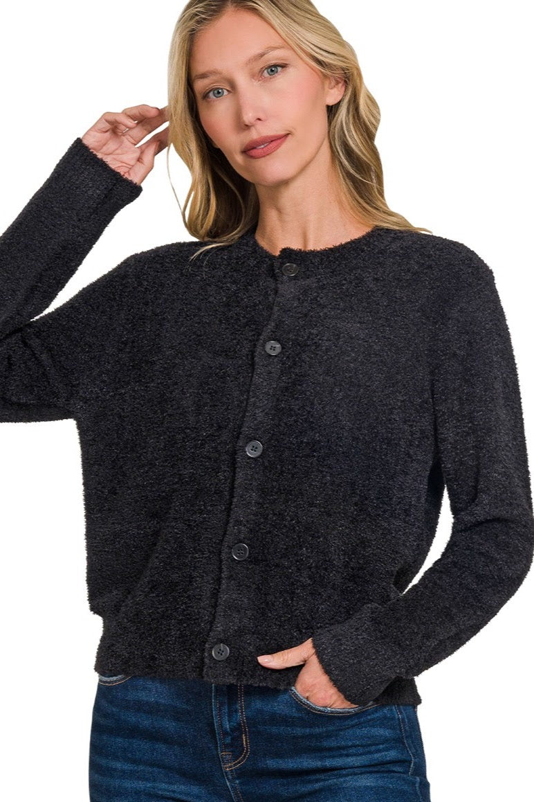 Fuzzy Button Cardigan | Black