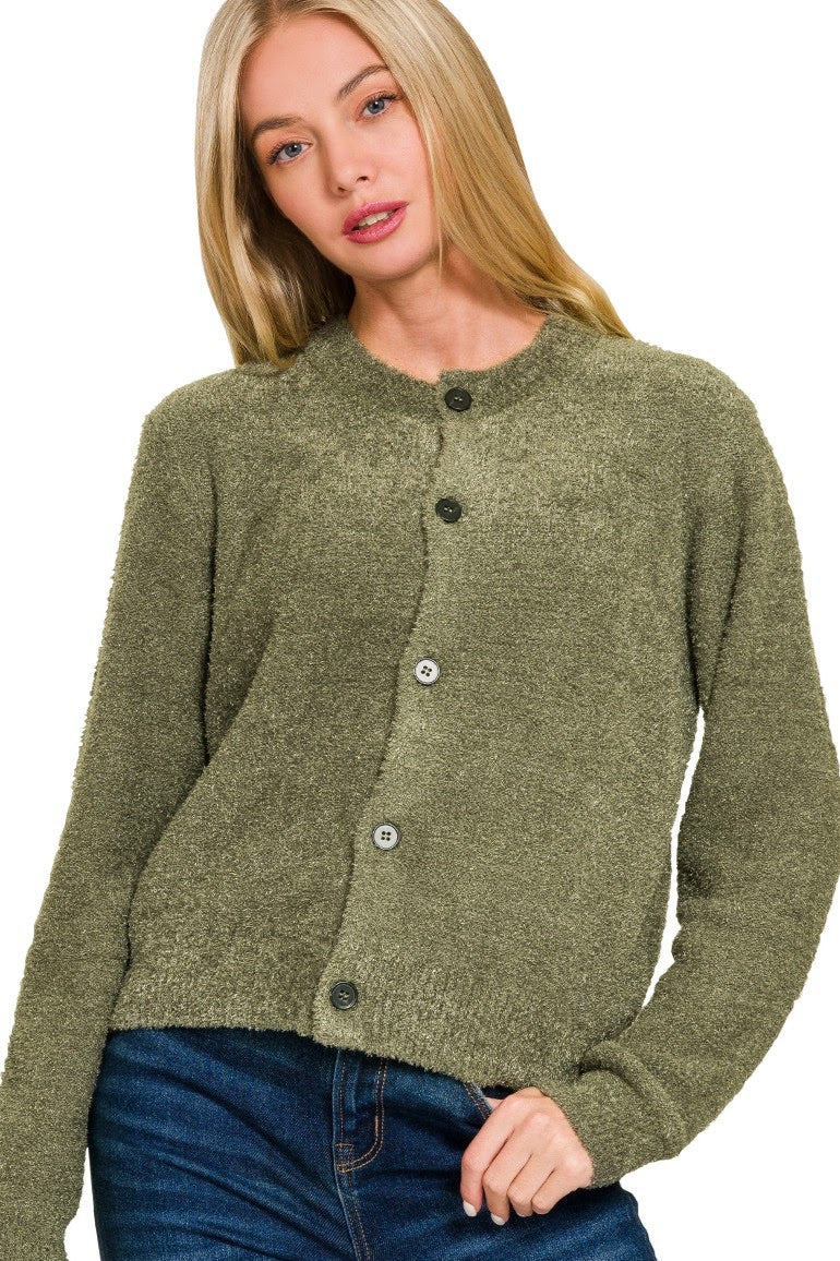 Fuzzy Button Cardigan | Olive
