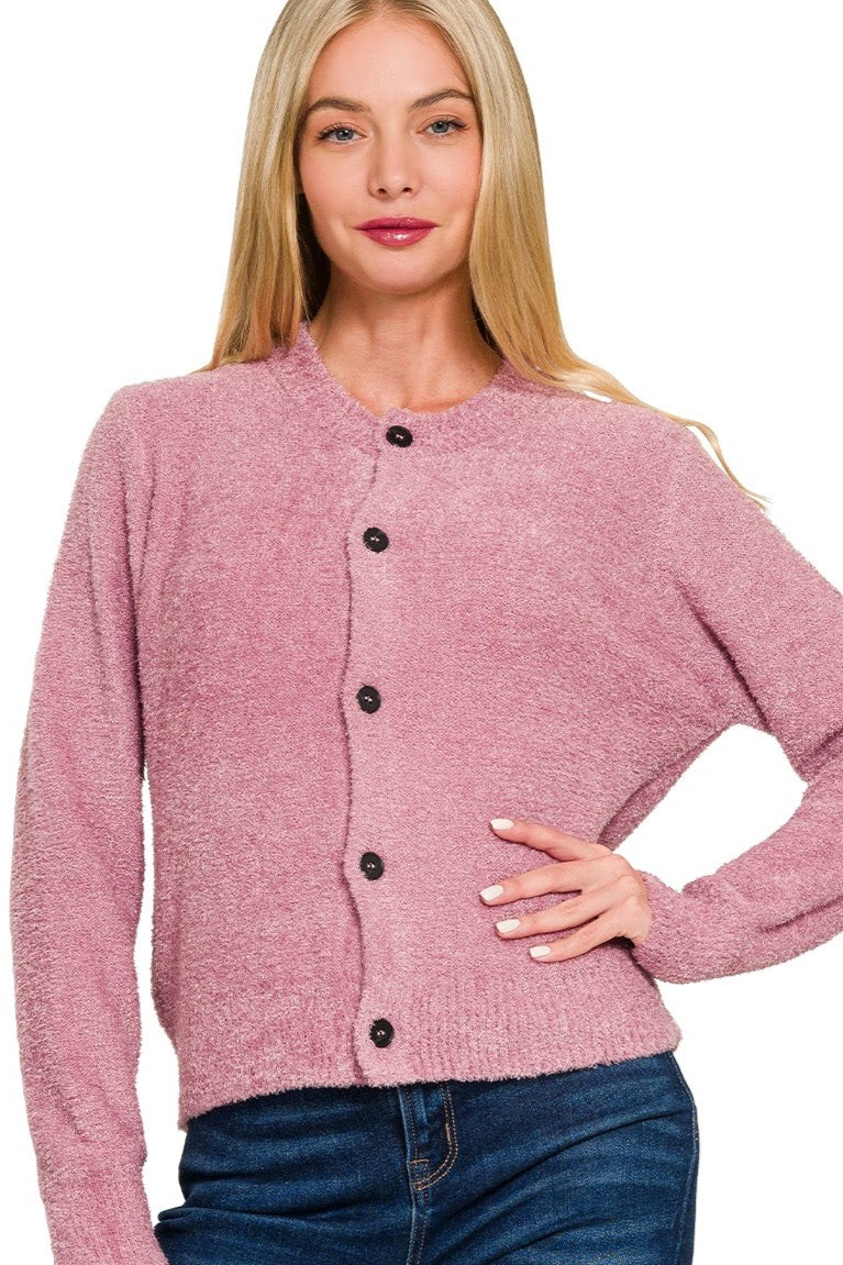 Fuzzy Button Cardigan | Rose