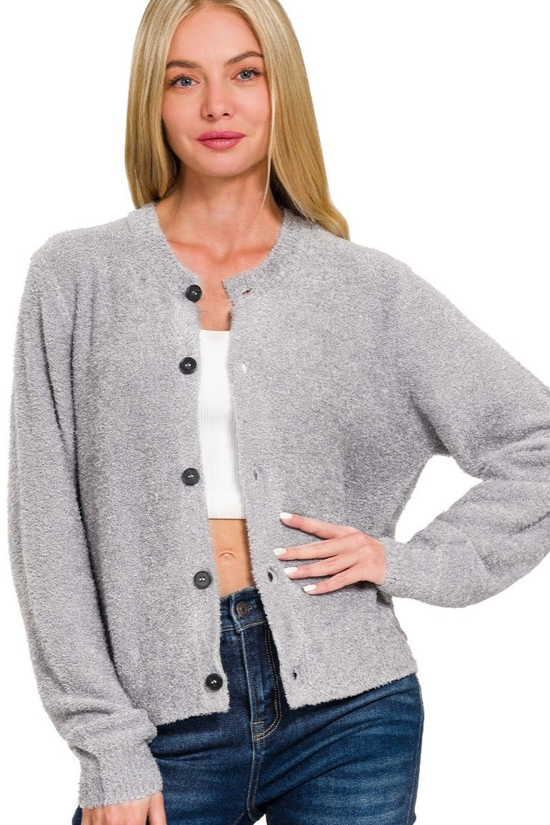 Fuzzy Button Cardigan | Heather Grey