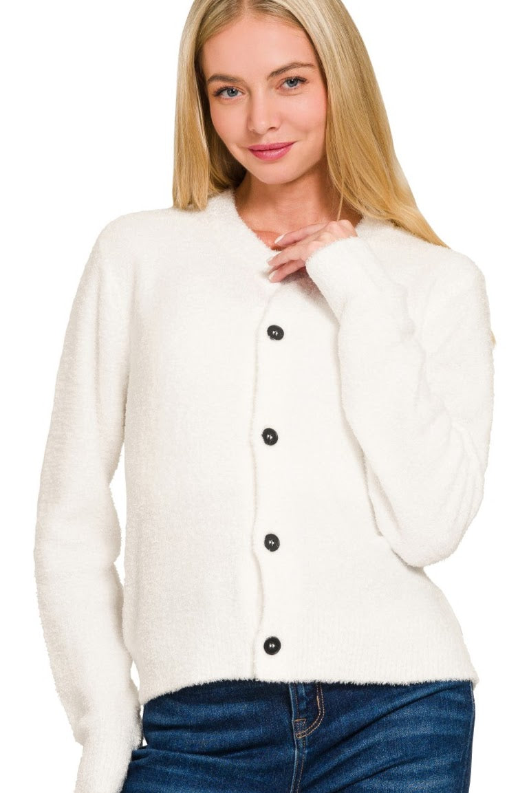 Fuzzy Button Cardigan | Ivory