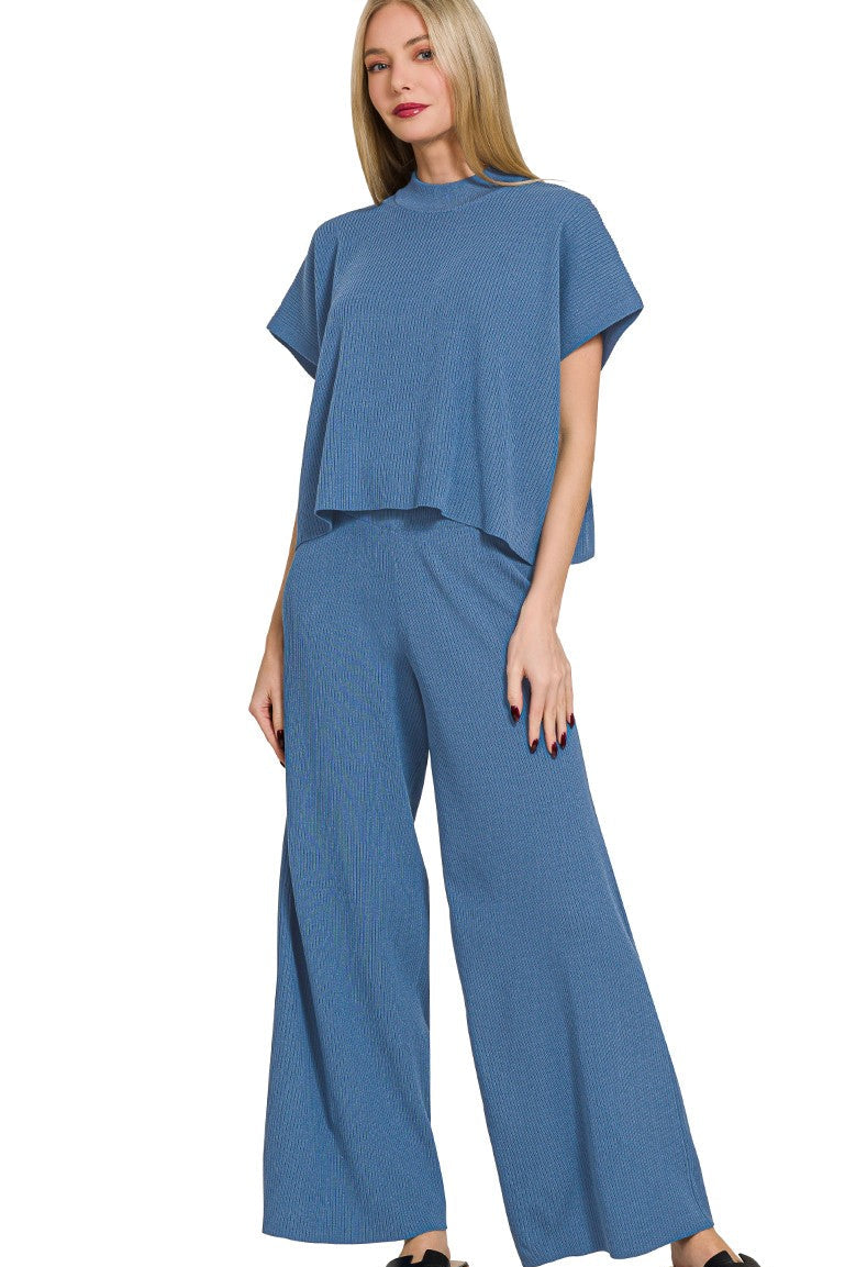 Ribbed Short Sleeve Sweater 2 Piece Set | Dusty Blue